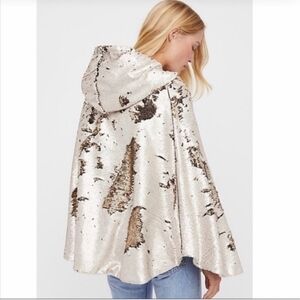 Free People Stay Golden Fur-Lined Sequined Hooded Poncho
